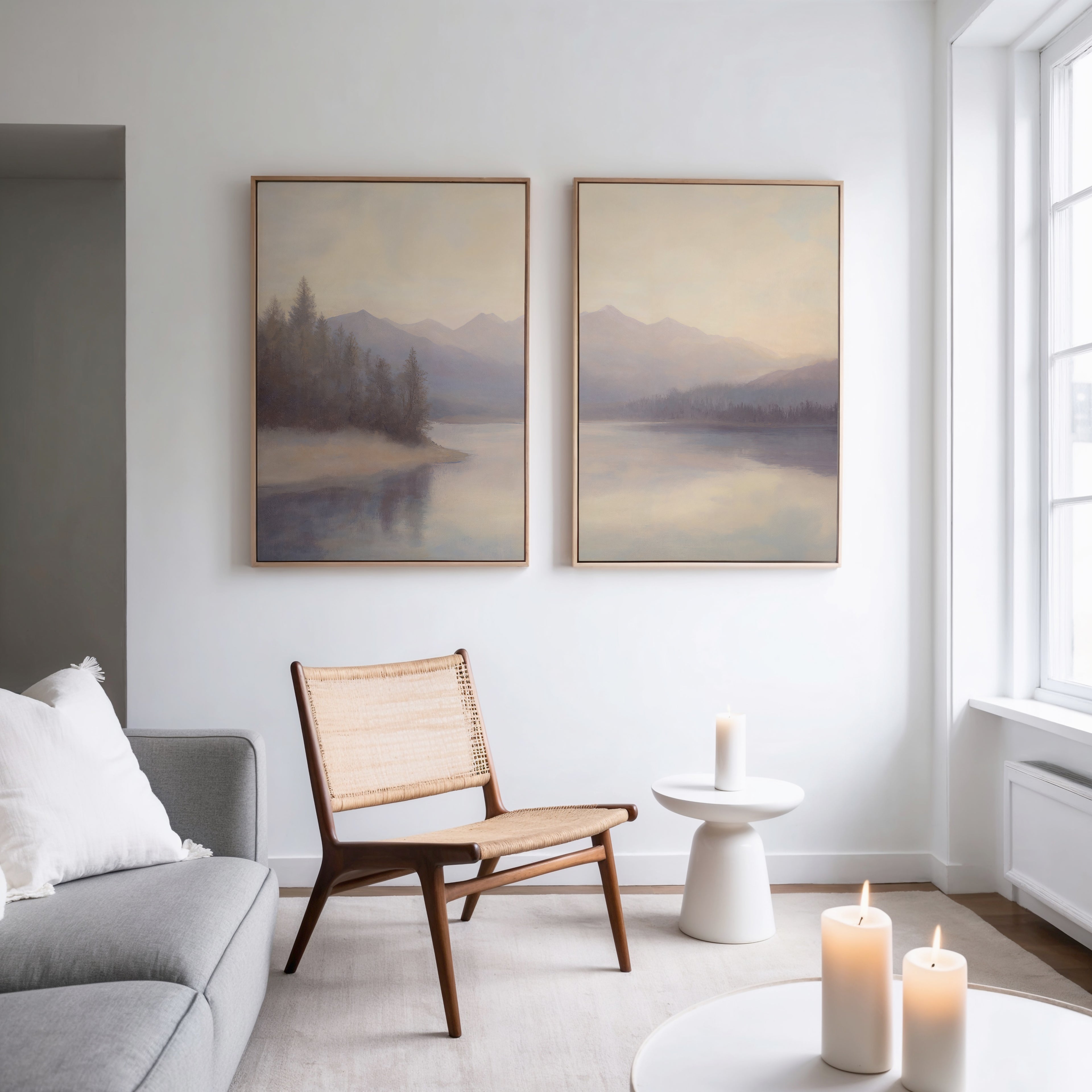 A minimalist living room with a woven chair, white side table, and three lit candles. Above, sunlight illuminates the Smoky Peaks Set of 2 landscape wall art, which hangs near a tall window on the right.