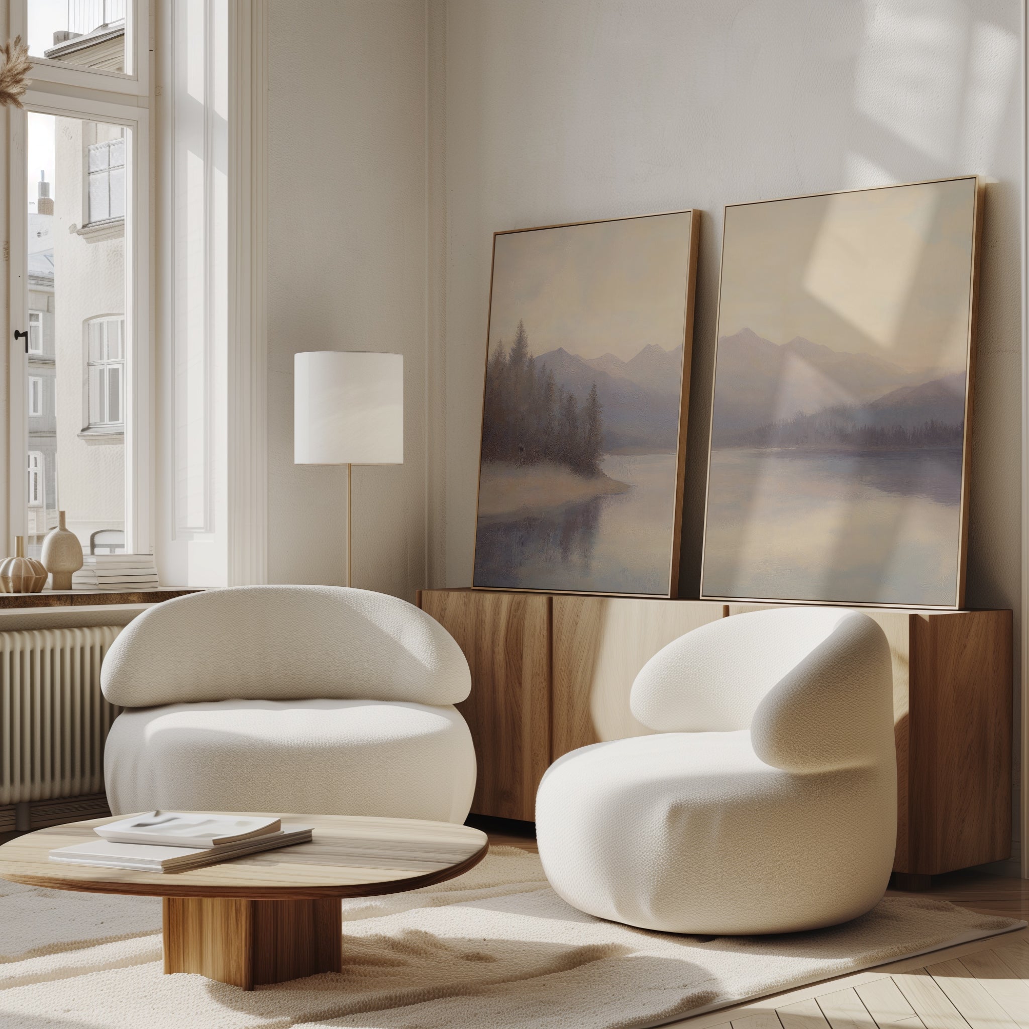 A modern living room with two white rounded armchairs, a wooden coffee table, and the Smoky Peaks Set of 2 landscape wall art on a wooden sideboard against a light wall, all brightened by large windows.