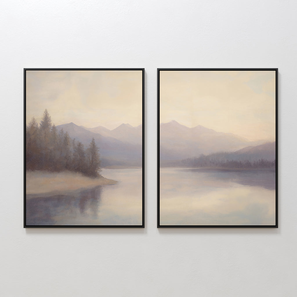 The Smoky Peaks Set of 2 features framed canvas prints of a peaceful lakeside with tree reflections and distant mountains—an elegant landscape wall art set for any space.