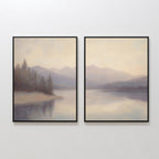 The Smoky Peaks Set of 2 features framed canvas prints of a peaceful lakeside with tree reflections and distant mountains—an elegant landscape wall art set for any space.
