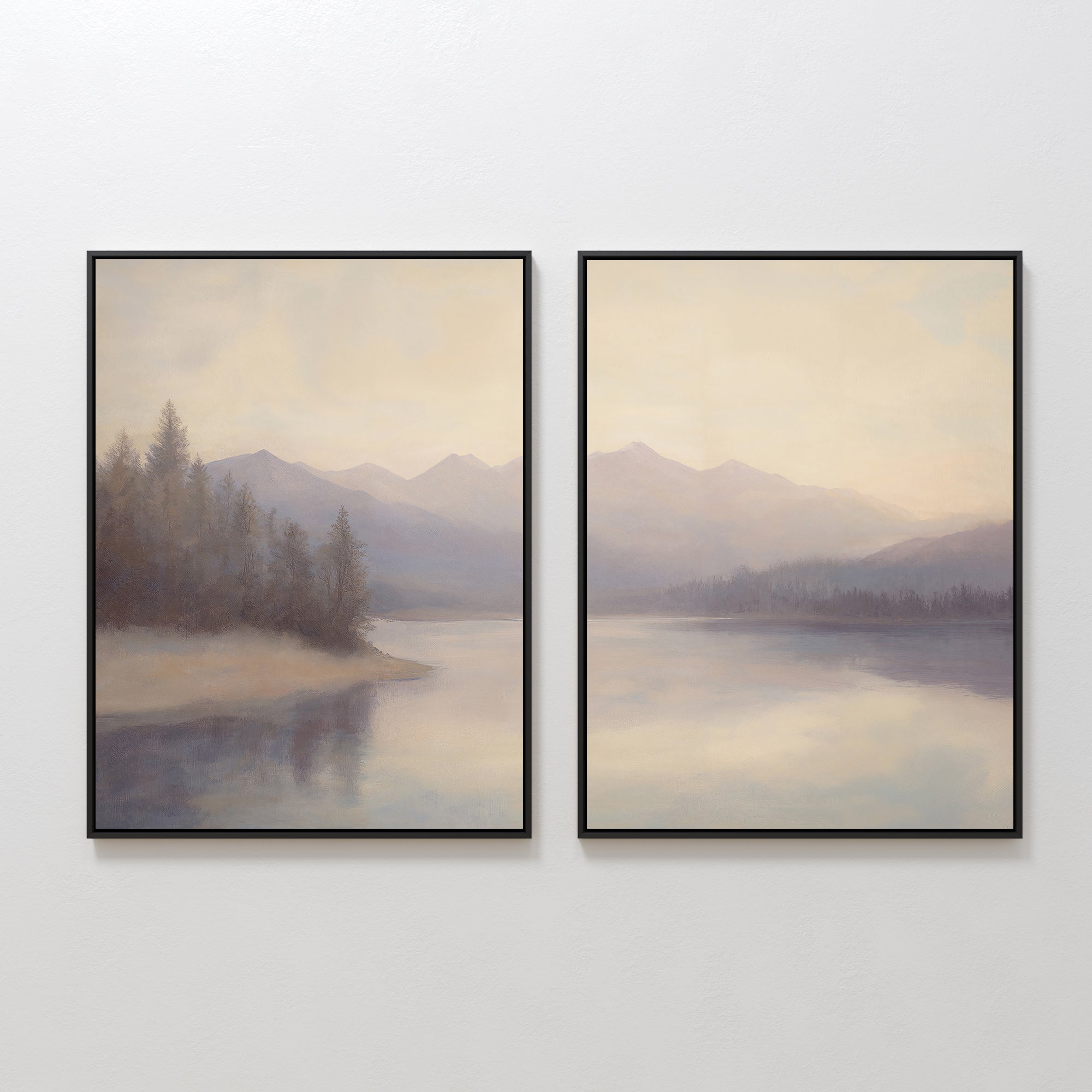 The Smoky Peaks Set of 2 features framed canvas prints of a peaceful lakeside with tree reflections and distant mountains—an elegant landscape wall art set for any space.