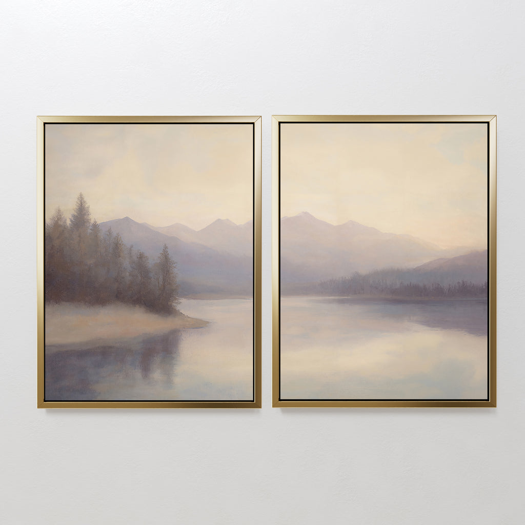 The Smoky Peaks Set of 2 features framed canvas prints of a tranquil lakeside landscape with mountains and trees reflected in calm water, creating seamless wall art across both frames for a serene look.