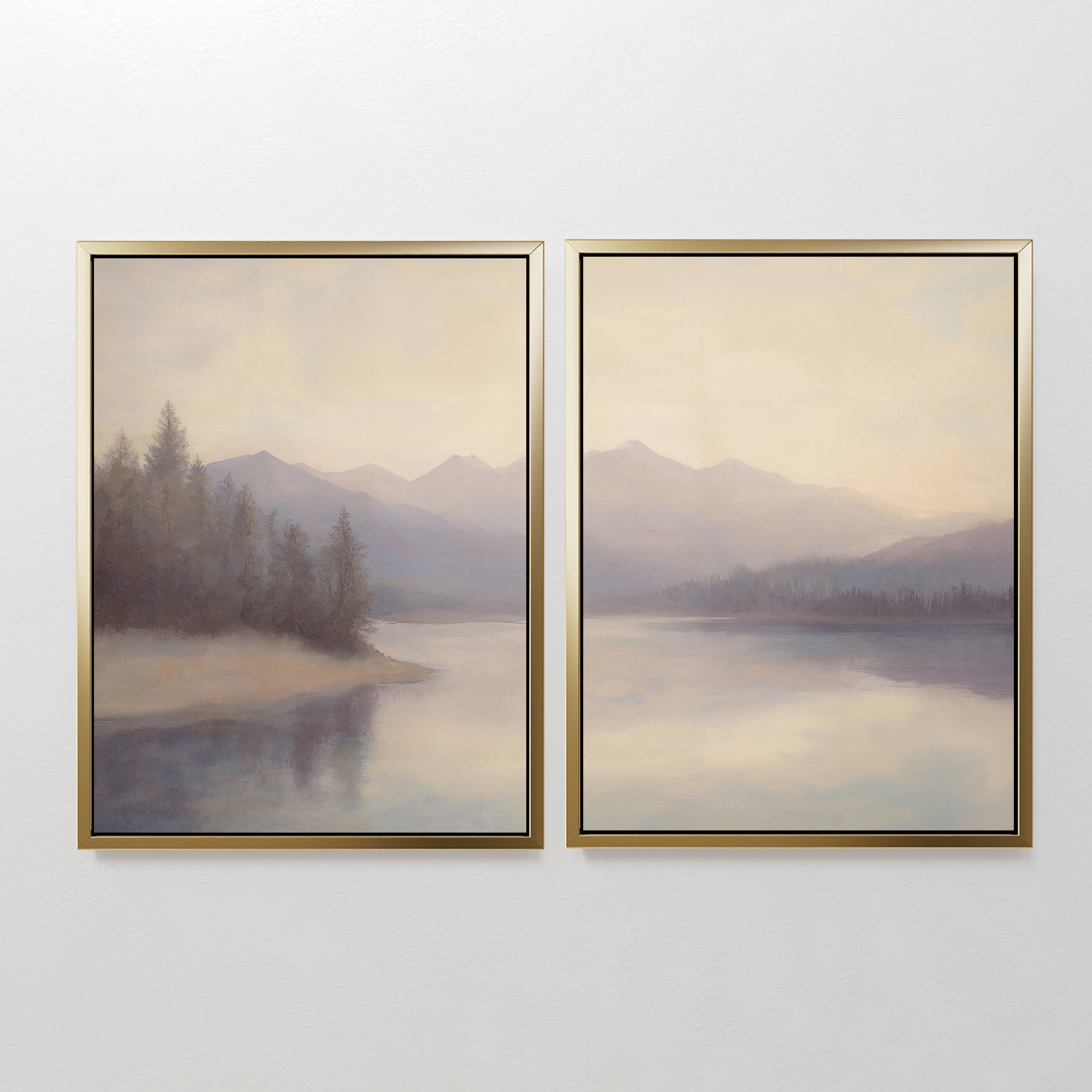The Smoky Peaks Set of 2 features framed canvas prints of a tranquil lakeside landscape with mountains and trees reflected in calm water, creating seamless wall art across both frames for a serene look.