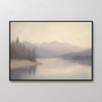 The Smoky Peaks Canvas Art features a calm lake, misty pine trees, and distant peaks under a pale sky—perfect vintage décor for a light-colored wall.