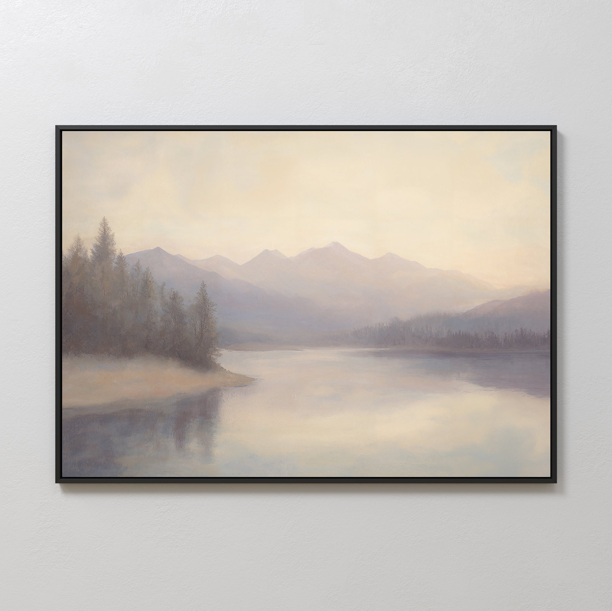 The Smoky Peaks Canvas Art features a calm lake, misty pine trees, and distant peaks under a pale sky—perfect vintage décor for a light-colored wall.