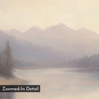 Smoky Peaks Canvas Art features a soft, pastel vintage landscape with misty mountains, a calm lake, and shoreline trees. The gentle, muted colors create a serene feel, printed on canvas. A label reads "Zoomed-In Detail.