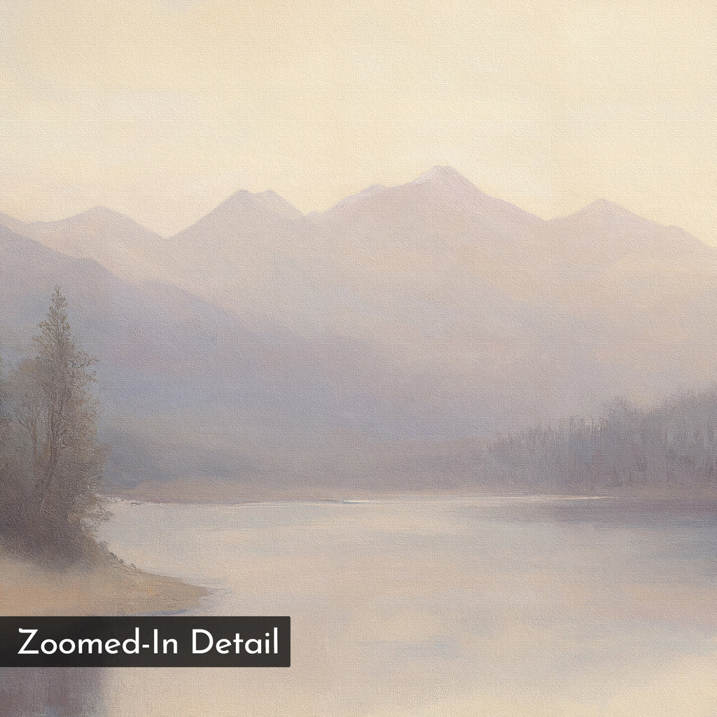The Smoky Peaks Set of 2 features soft, pastel landscape wall art depicting misty peaks, a calm river, and trees. The dreamy artwork includes a "Zoomed-In Detail" label in the lower left corner.
