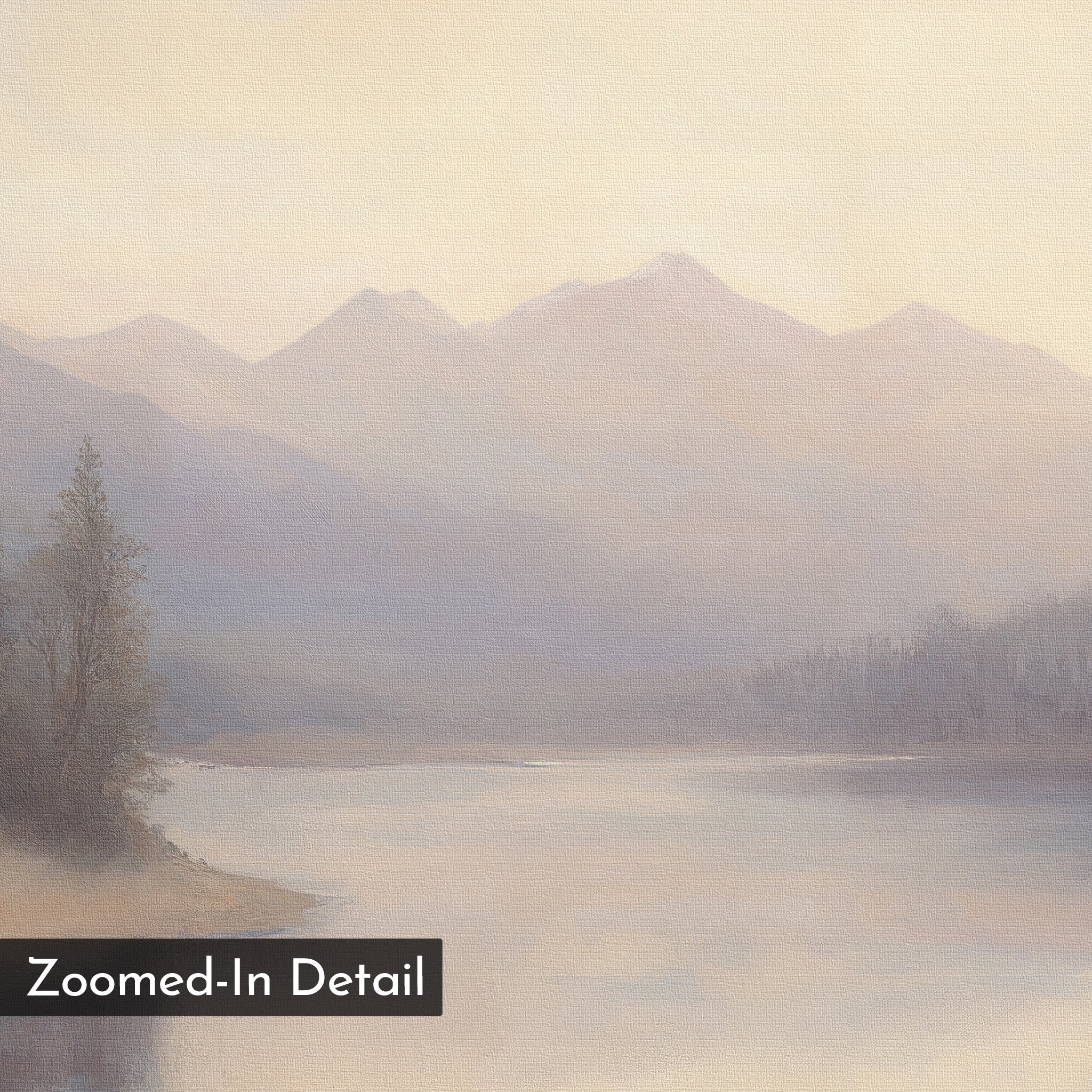The Smoky Peaks Set of 2 features soft, pastel landscape wall art depicting misty peaks, a calm river, and trees. The dreamy artwork includes a "Zoomed-In Detail" label in the lower left corner.