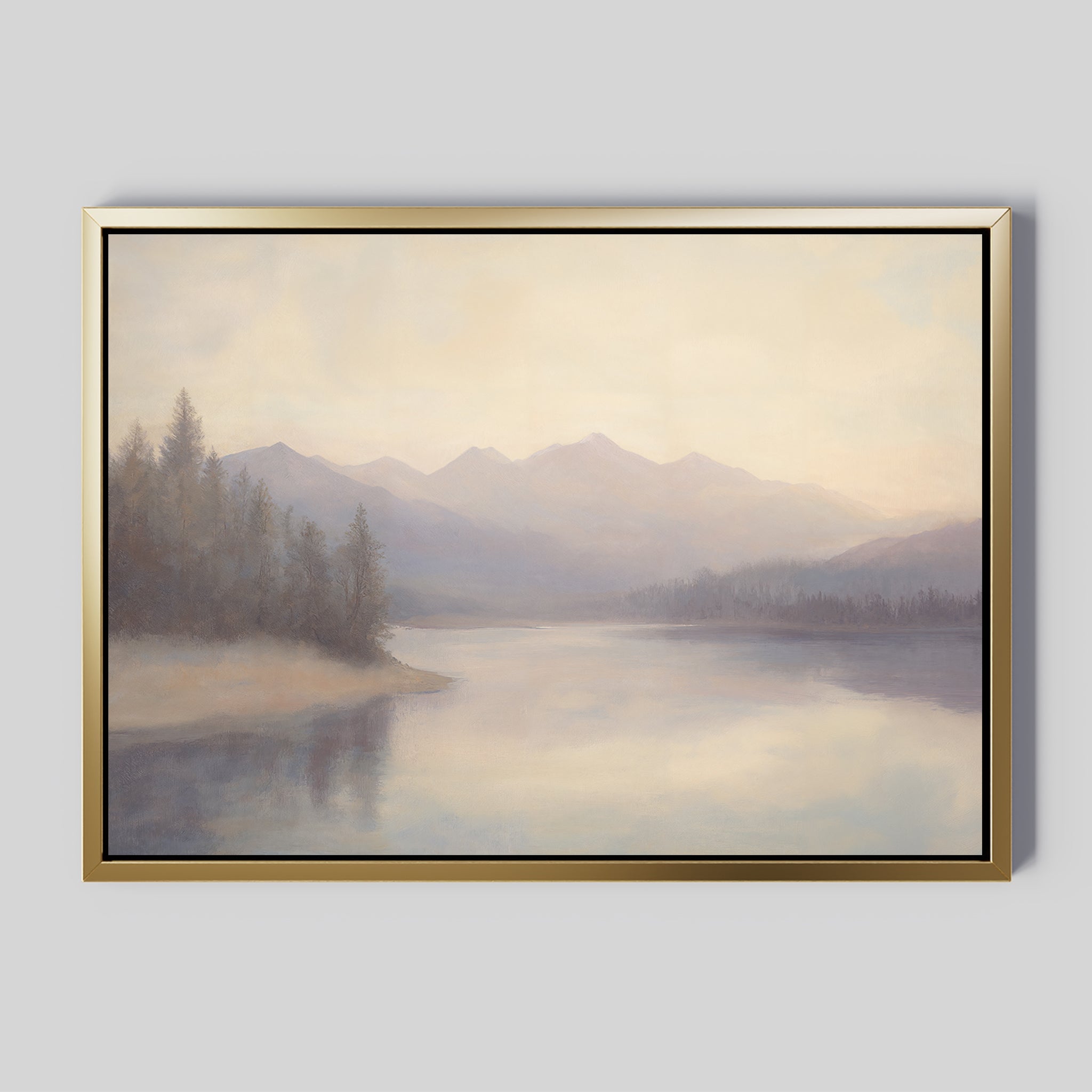 Smoky Peaks Canvas Art features a serene lake with calm water, misty pine trees, and distant peaks under a hazy sky. With its muted, soothing palette, this framed print is perfect for vintage decor.