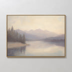 Smoky Peaks Canvas Art is a framed print featuring a calm lake reflecting distant peaks and trees beneath a hazy sky, offering a peaceful, vintage-inspired landscape perfect for serene decor.