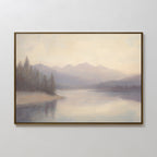 The Smoky Peaks Canvas Art features a tranquil lake mirroring tall pine trees and distant peaks beneath a hazy sky, offering a serene landscape perfect for vintage decor.