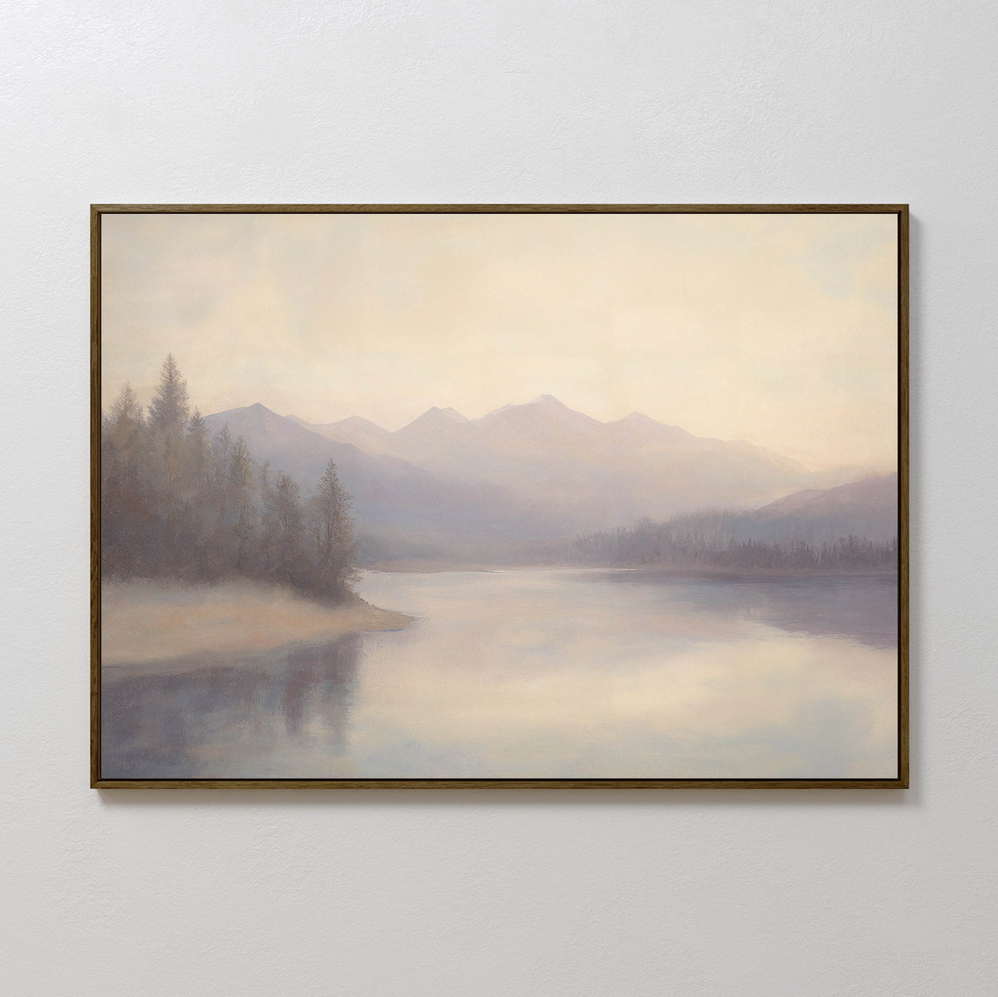 The Smoky Peaks Canvas Art features a tranquil lake mirroring tall pine trees and distant peaks beneath a hazy sky, offering a serene landscape perfect for vintage decor.