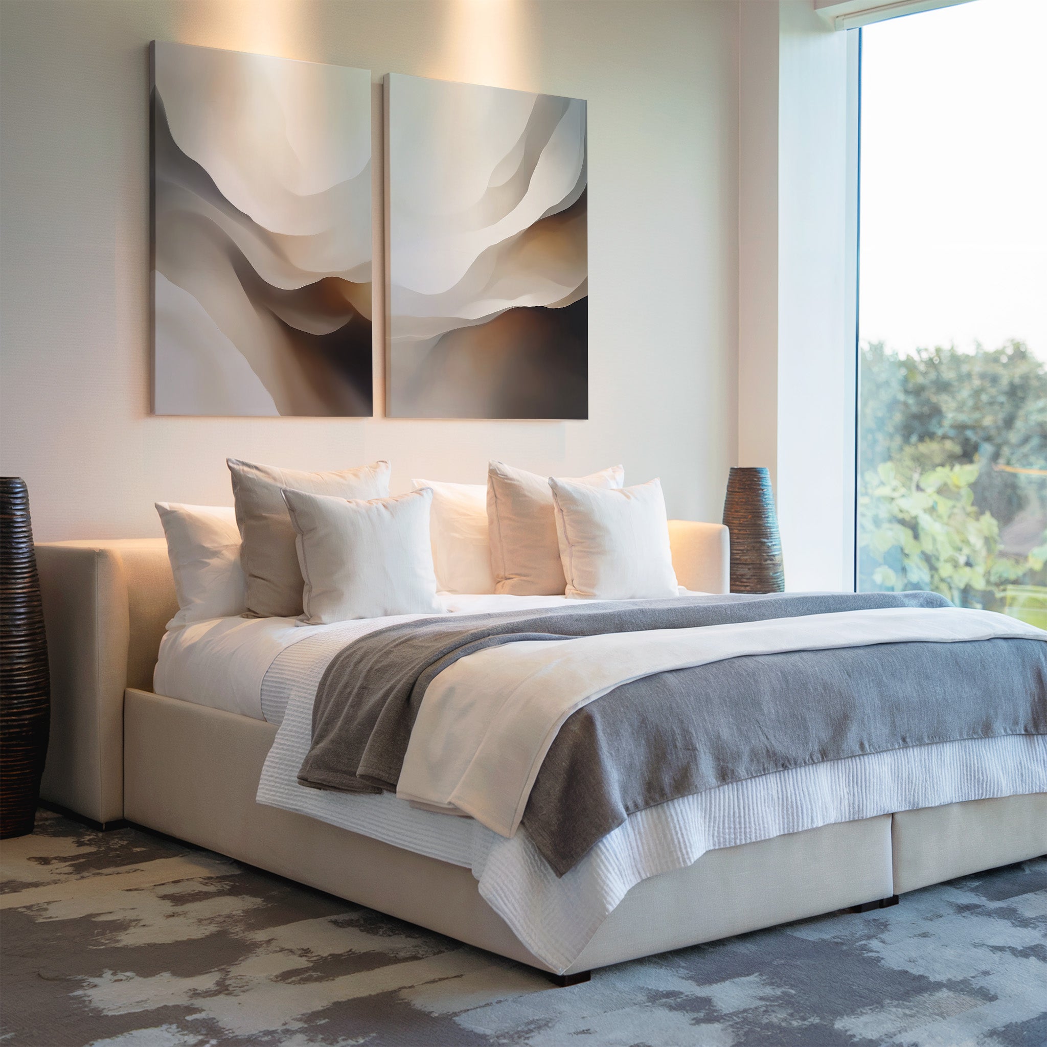 A modern bedroom features a large bed with white and gray bedding, several pillows, striking wall art above the headboard, and the Smooth Flow Set of 2 tall vases on each side, all bathed in natural light for perfect modern home decor.