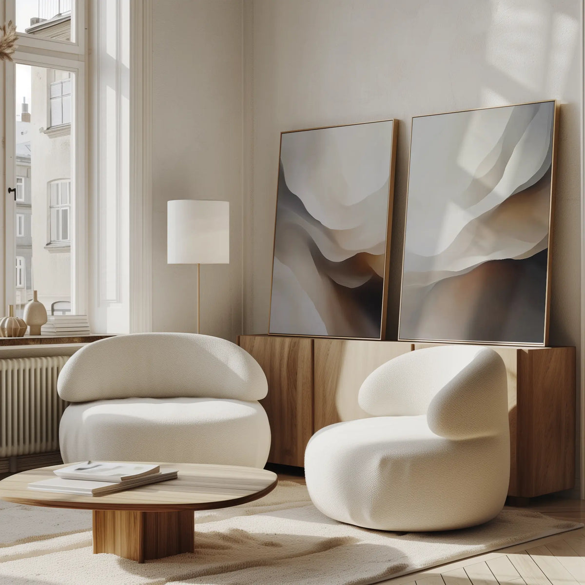 A modern living room featuring the Smooth Flow Set of 2 white, rounded armchairs, a low wooden coffee table, wall art prints, large windows with natural light, and minimalist wooden decor.