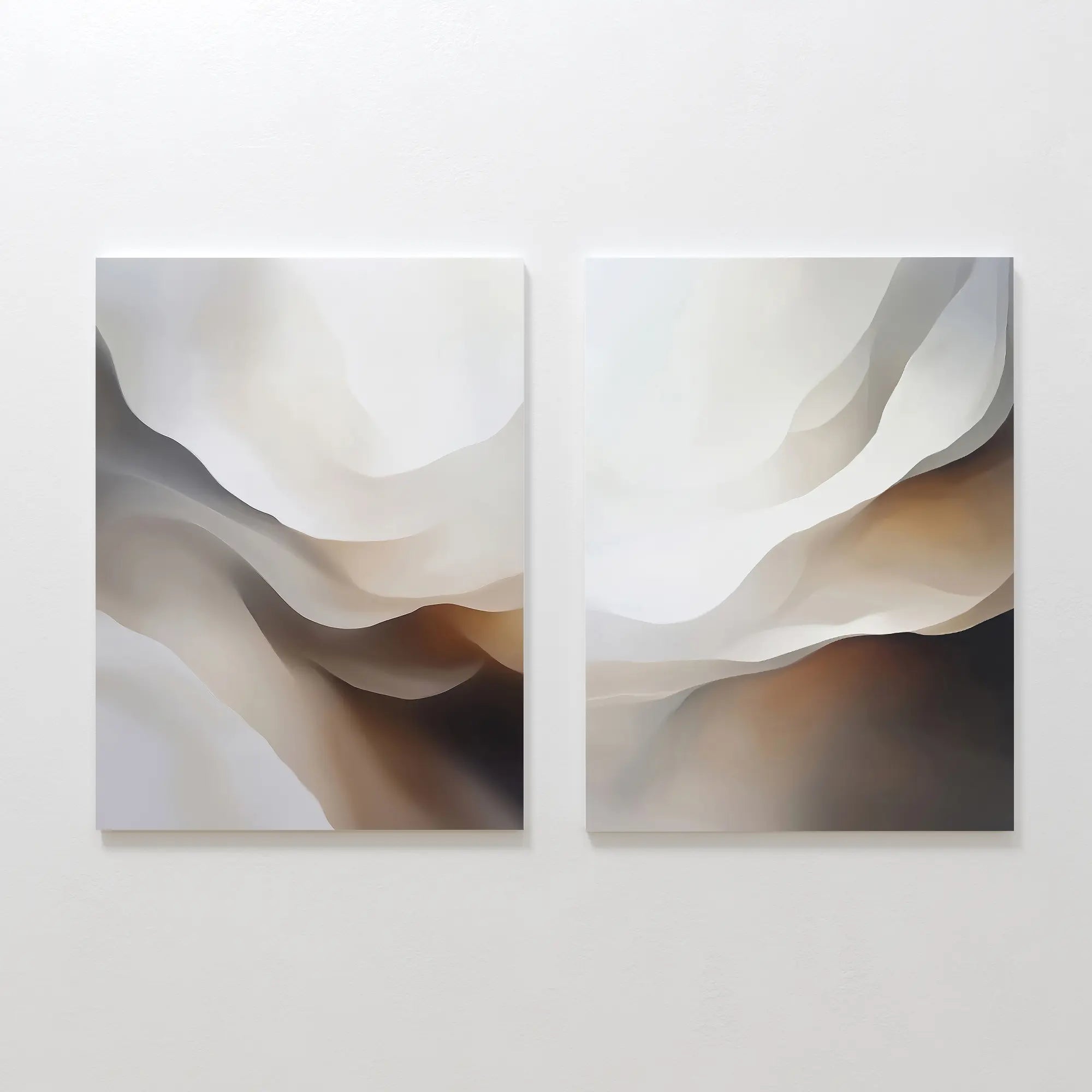 The Smooth Flow Set of 2 features abstract wall art prints with soft, layered curves in neutral white, beige, brown, and gray—ideal for modern home decor or adding an elegant, serene touch to any space.