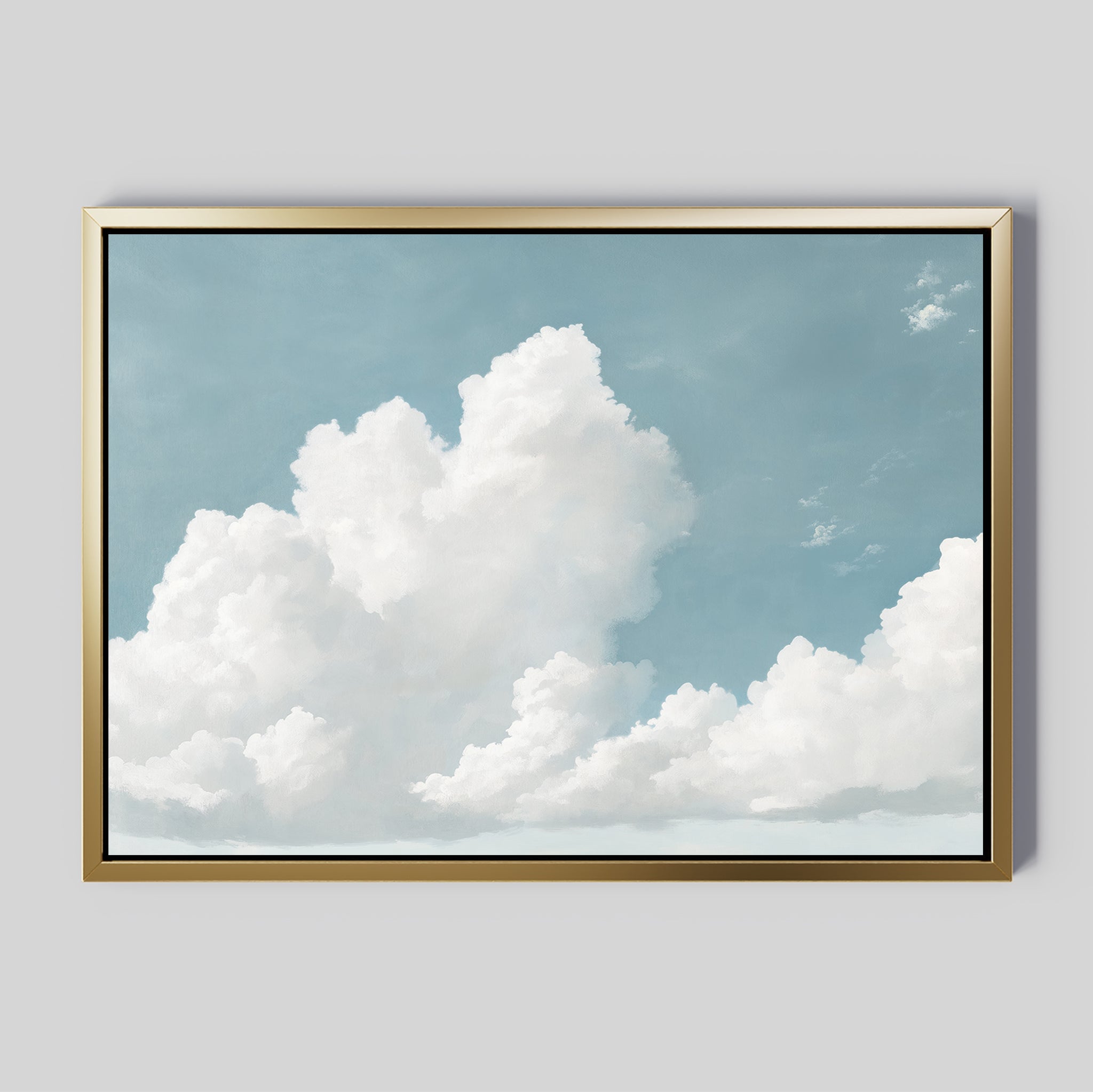 The Soaring Peace Canvas Art features fluffy white clouds in a serene sky, framed in gold and displayed on a light gray wall—an ideal choice for vintage decor lovers.