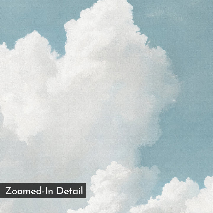 Soaring Peace Canvas Art features a close-up of fluffy white clouds against a pale blue sky with a soft, painted texture. This wall art print brings serene charm and vintage-inspired detail to your decor.