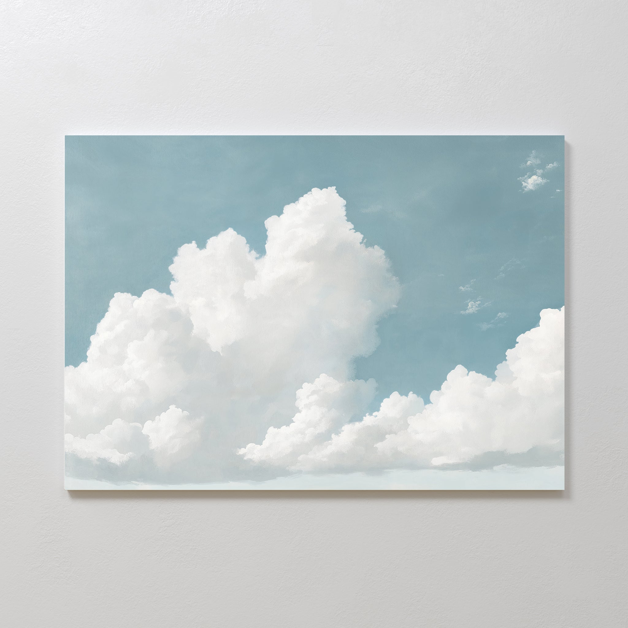 The Soaring Peace Canvas Art features a serene sky with fluffy white clouds against a light blue backdrop, bringing calm and tranquility to any room—a perfect wall art print for peaceful decor.
