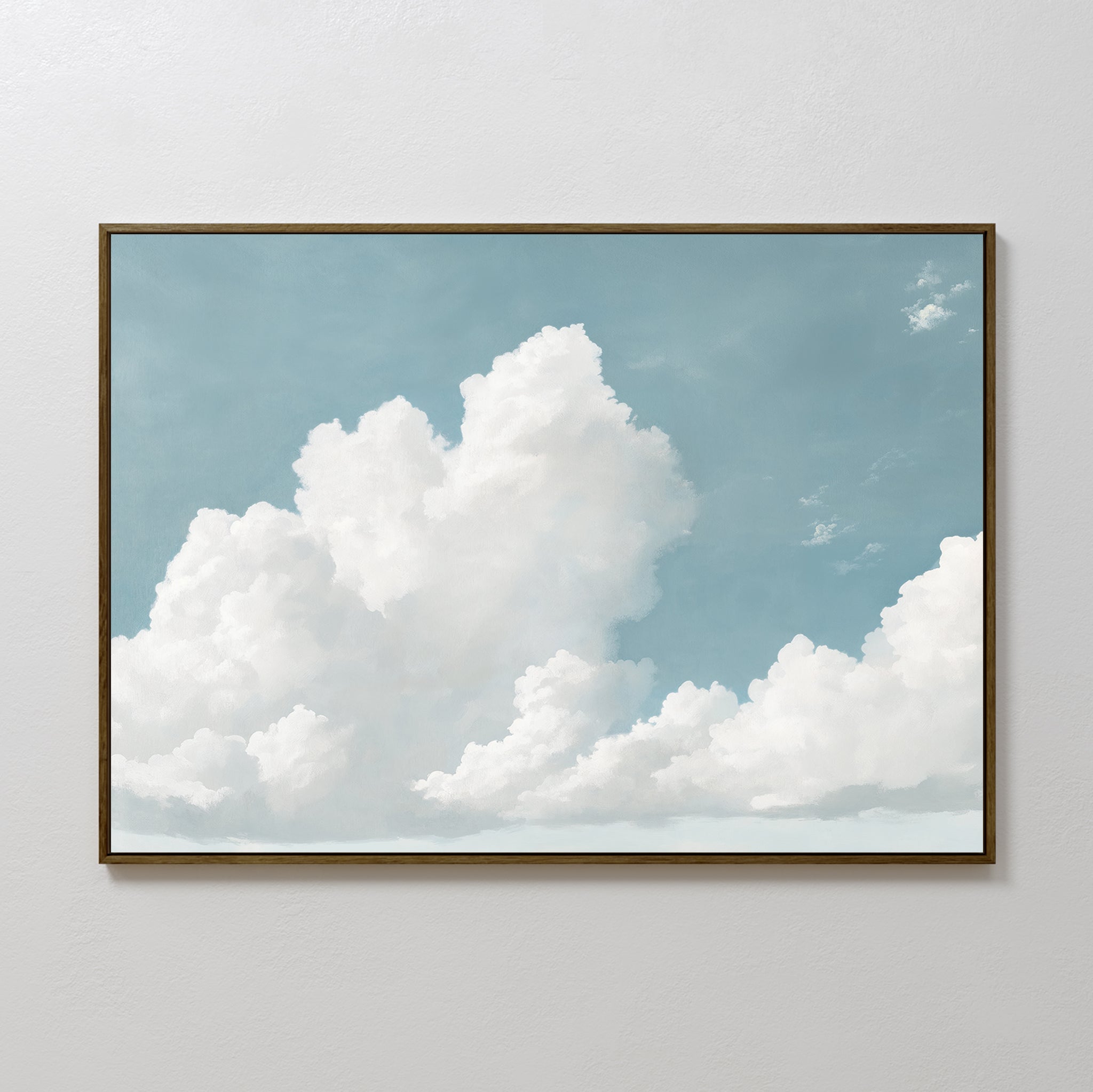The Soaring Peace Canvas Art features a bright blue, serene sky with large, fluffy white clouds and is displayed on a plain, light-colored wall.