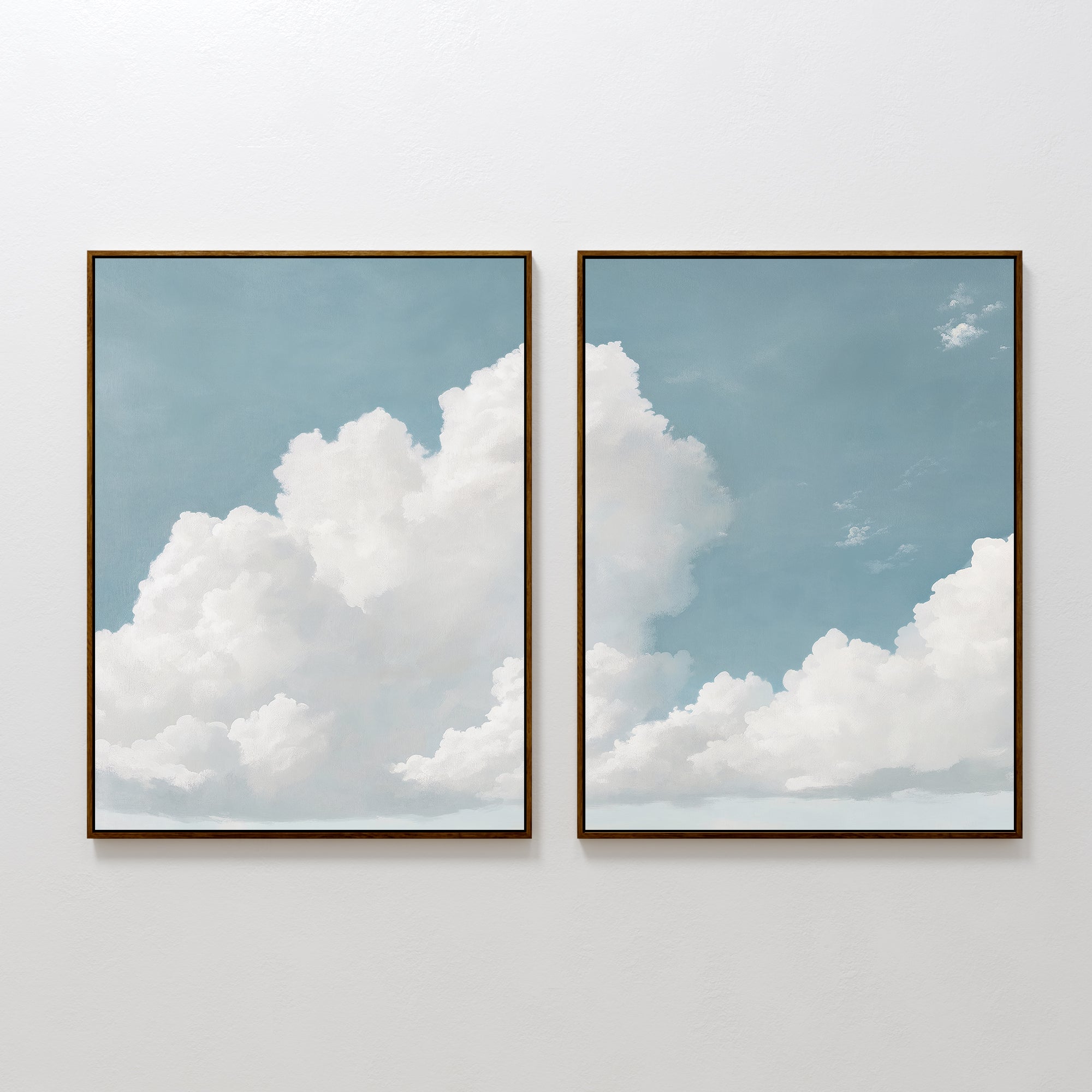 The Soaring Peace Set of 2 features framed wall art prints of fluffy white clouds against a blue sky, displayed side by side. This set creates a tranquil scene, ideal for adding a serene touch to your vintage decor.