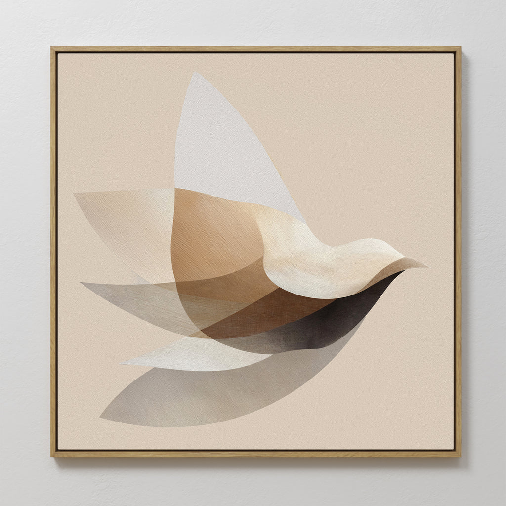 Soaring Stillness Canvas Art features a minimalist bird in flight with overlapping semi-transparent shapes in beige, brown, and cream on a light background, framed in simple gold—ideal for modern living room decor.