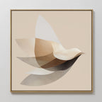 Soaring Stillness Canvas Art features a minimalist bird in flight with overlapping semi-transparent shapes in beige, brown, and cream on a light background, framed in simple gold—ideal for modern living room decor.