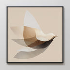 Soaring Stillness Canvas Art showcases a minimalist bird in flight with overlapping beige, cream, brown, and gray shapes on a light backdrop—an abstract piece in a black frame, ideal for modern living room decor.