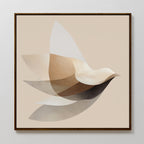 The Soaring Stillness Canvas Art features a minimalist bird in flight with overlapping translucent shapes in beige, brown, and cream, creating an abstract layered look ideal for modern living rooms with light backgrounds.