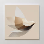 Soaring Stillness Canvas Art features an abstract bird in flight made of layered translucent shapes in neutral beige, brown, and cream on a light tan background—ideal minimalist wall art for modern living room decor.