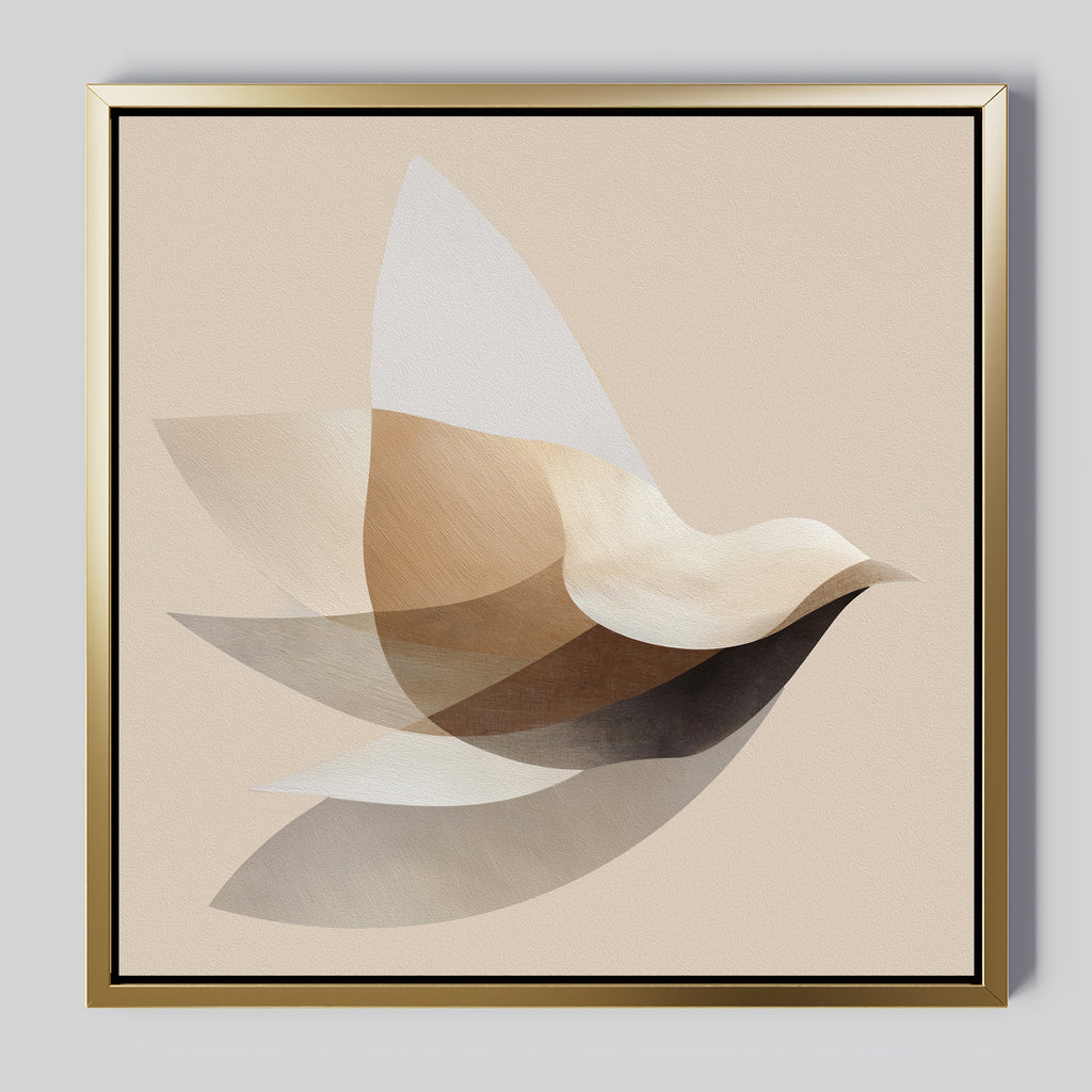 The Soaring Stillness Canvas Art features abstract bird imagery with layered semi-transparent shapes in beige, brown, and white, set in a gold frame—a perfect minimalist piece to elevate any modern living room decor.