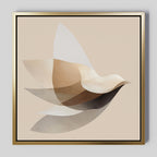 The Soaring Stillness Canvas Art features abstract bird imagery with layered semi-transparent shapes in beige, brown, and white, set in a gold frame—a perfect minimalist piece to elevate any modern living room decor.