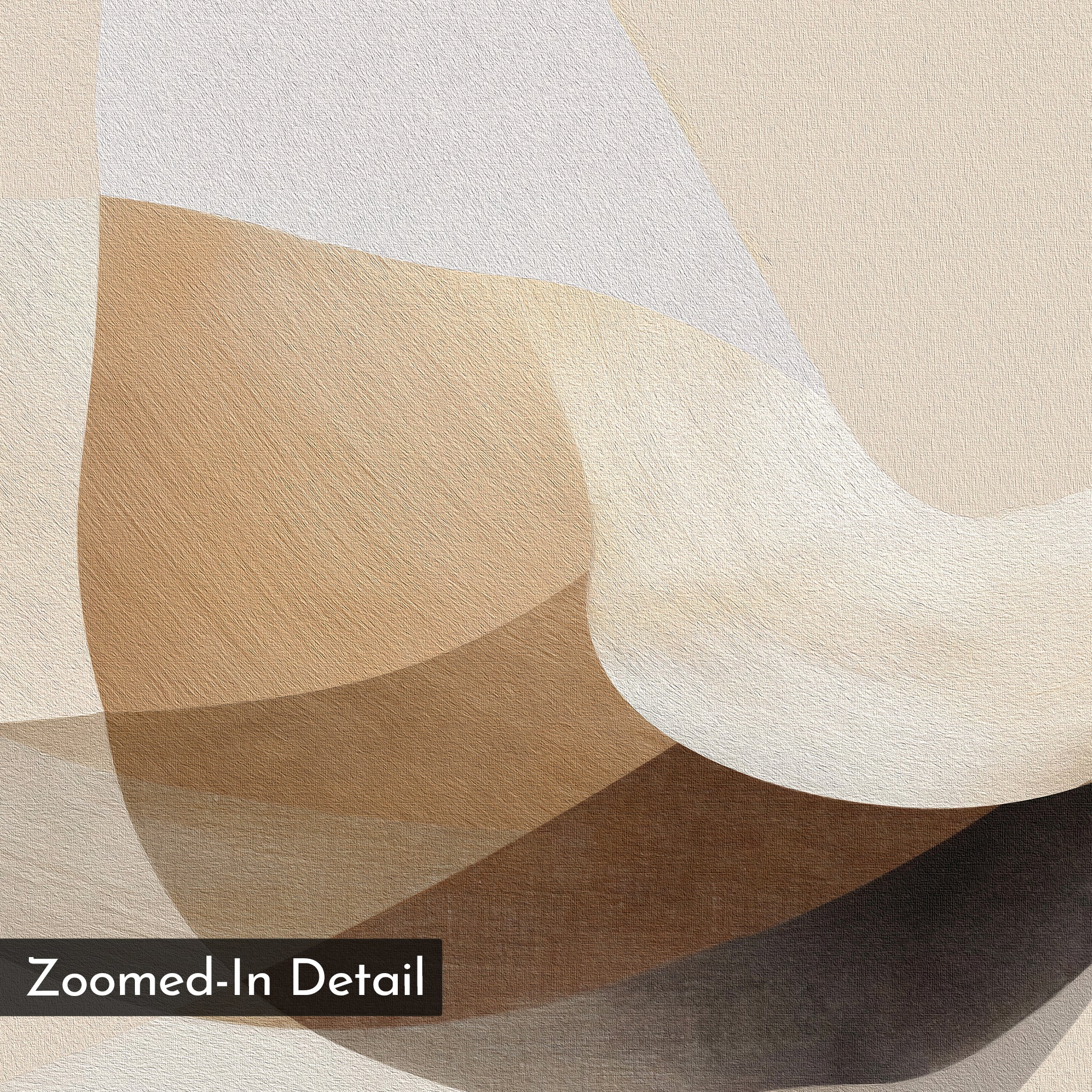 The Soaring Stillness Canvas Art features overlapping curved shapes in beige, tan, cream, and brown on a textured surface. Ideal minimalist wall art to enhance modern living rooms. "Zoomed-In Detail" is shown in the bottom left corner.