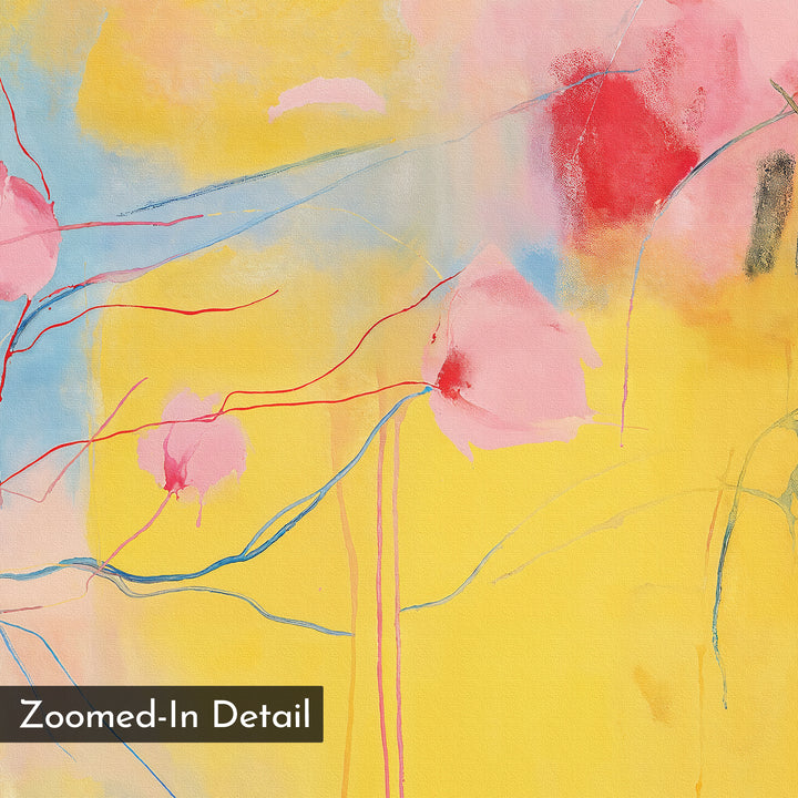 Soft Bloom Abstract Canvas Art features a bright yellow background with pink and red flower-like shapes and thin blue and red lines. Its soft textures and vibrant colors make it perfect for brightening your living room. Label: “Zoomed-In Detail.”.