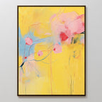 Soft Bloom Abstract Canvas Art features a bright yellow backdrop, light blue accents on the left, and connected pink and red blossom shapes. Framed and ready to hang, its a vibrant addition to any living room décor.