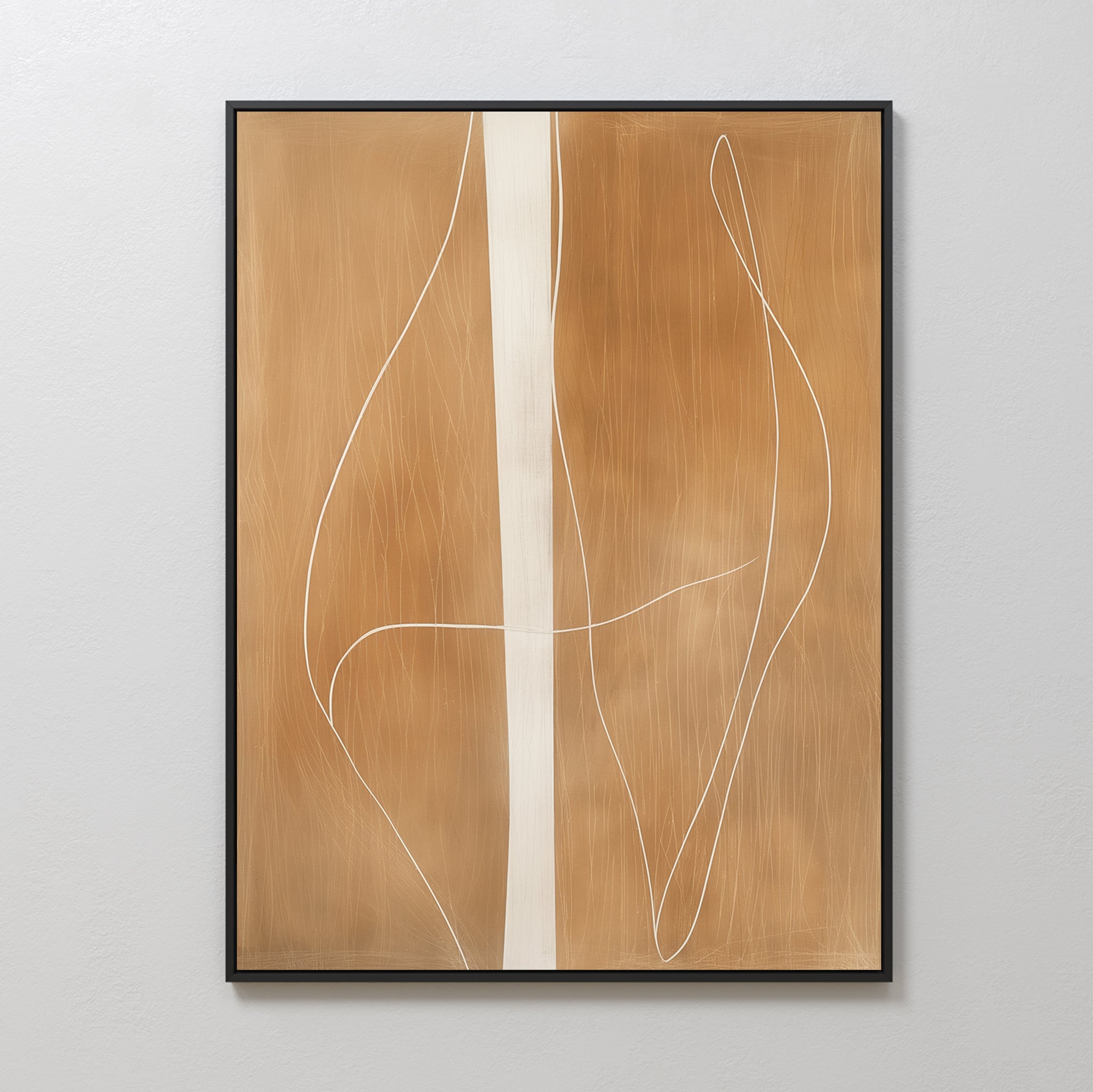 Soft Brown Flow Abstract Canvas Art features a tan and brown background with a bold white stripe and thin curved lines. Framed in black and mounted on a light gray wall, this minimalist piece is perfect for bedroom decor.