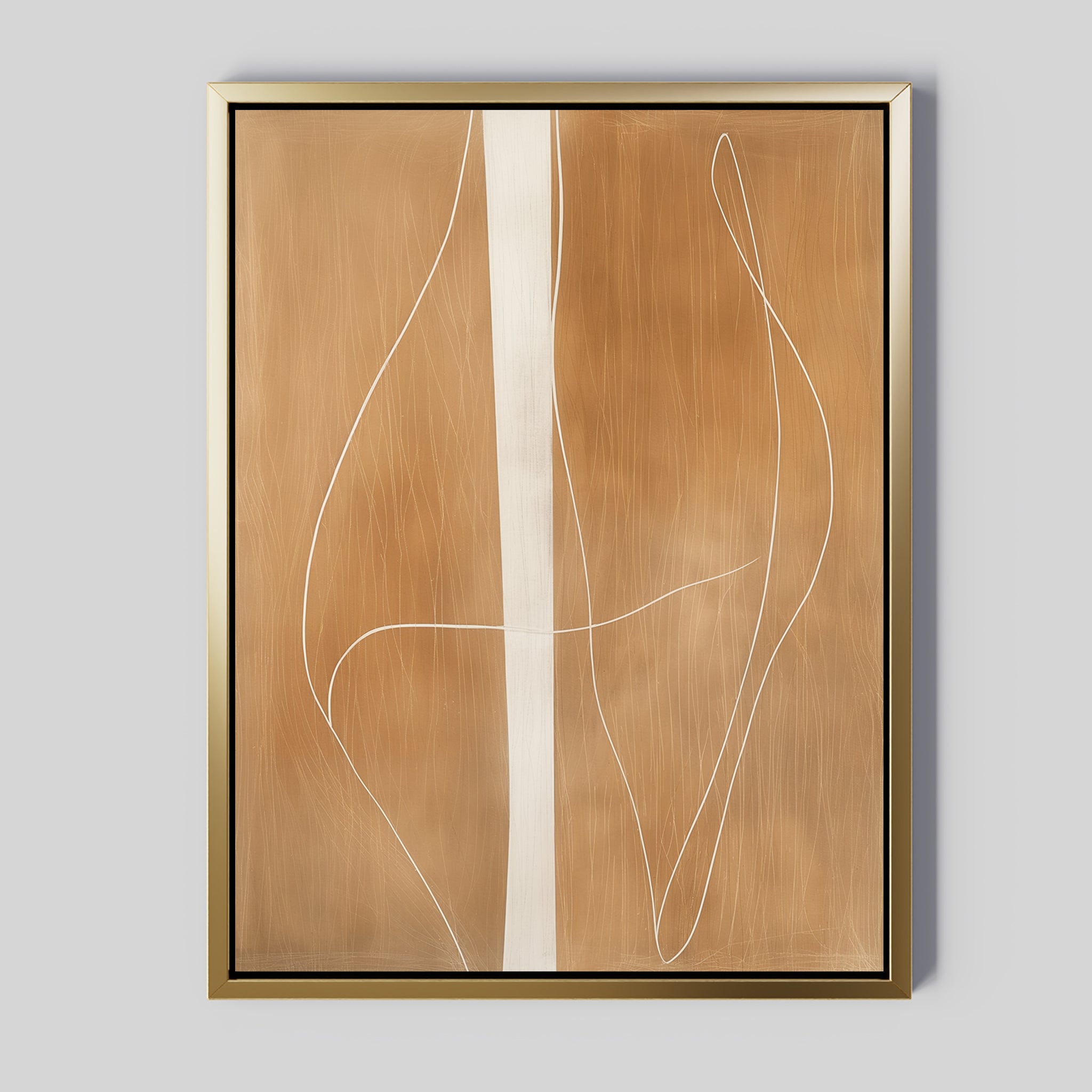 The Soft Brown Flow Abstract Canvas Art features a gold-framed design with a brown background, wide vertical white stripe, and two thin wavy lines—perfect minimalist wall art for modern living room decor.