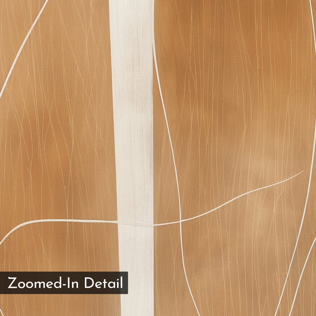 Soft Brown Flow Abstract Canvas Art features a textured surface in warm brown and tan tones, accented by thin white lines and a bold vertical stripe. Ideal minimalist wall art to elevate your living room. Text on the artwork: Zoomed-In Detail.