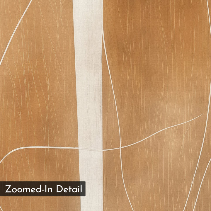 Soft Brown Flow Abstract Canvas Art features a textured surface in warm brown and tan tones, accented by thin white lines and a bold vertical stripe. Ideal minimalist wall art to elevate your living room. Text on the artwork: Zoomed-In Detail.