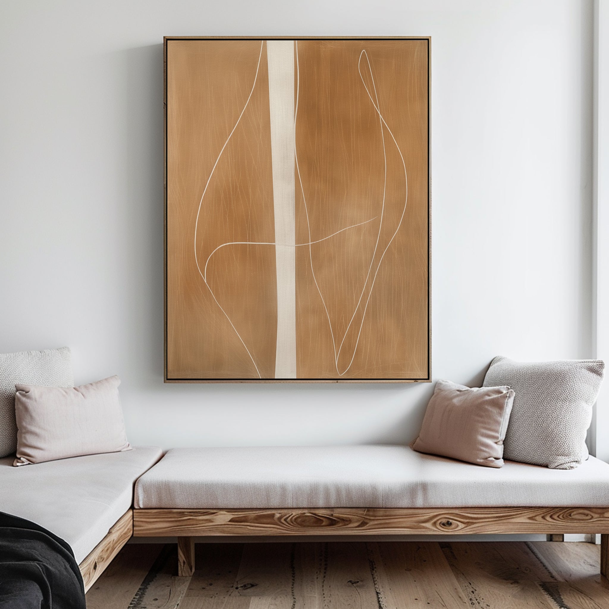 Bright, modern living room with light wood sofas, pale cushions, and the Soft Brown Flow Abstract Canvas Art—minimalist wall piece featuring tan and white lines—adding neutral elegance to inspire your living room decor.