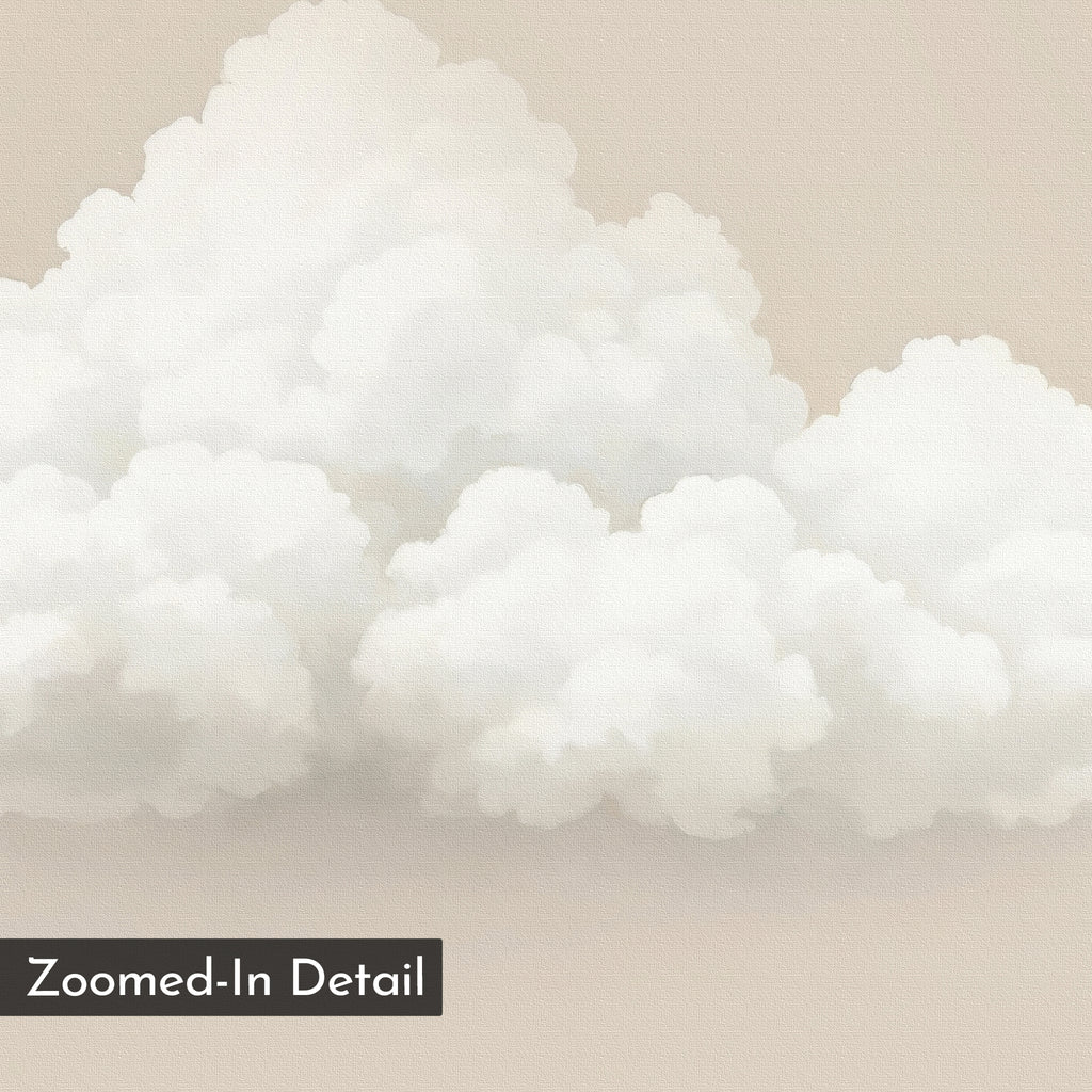 The Soft Drift Canvas Art features a fluffy white cloud with textured, painterly details on a light beige background. Minimalist wall art; a black rectangle in the corner reads "Zoomed-In Detail" in white text.
