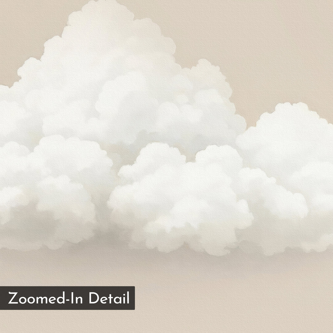 The Soft Drift Canvas Art features a fluffy white cloud with textured, painterly details on a light beige background. Minimalist wall art; a black rectangle in the corner reads "Zoomed-In Detail" in white text.