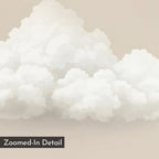 The Soft Drift Canvas Art features a fluffy white cloud with textured, painterly details on a light beige background. Minimalist wall art; a black rectangle in the corner reads "Zoomed-In Detail" in white text.
