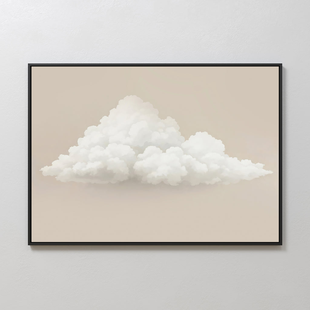 The Soft Drift Canvas Art features a fluffy white cloud on a light beige background, bringing serene minimalist style and neutral tones to any plain white wall.