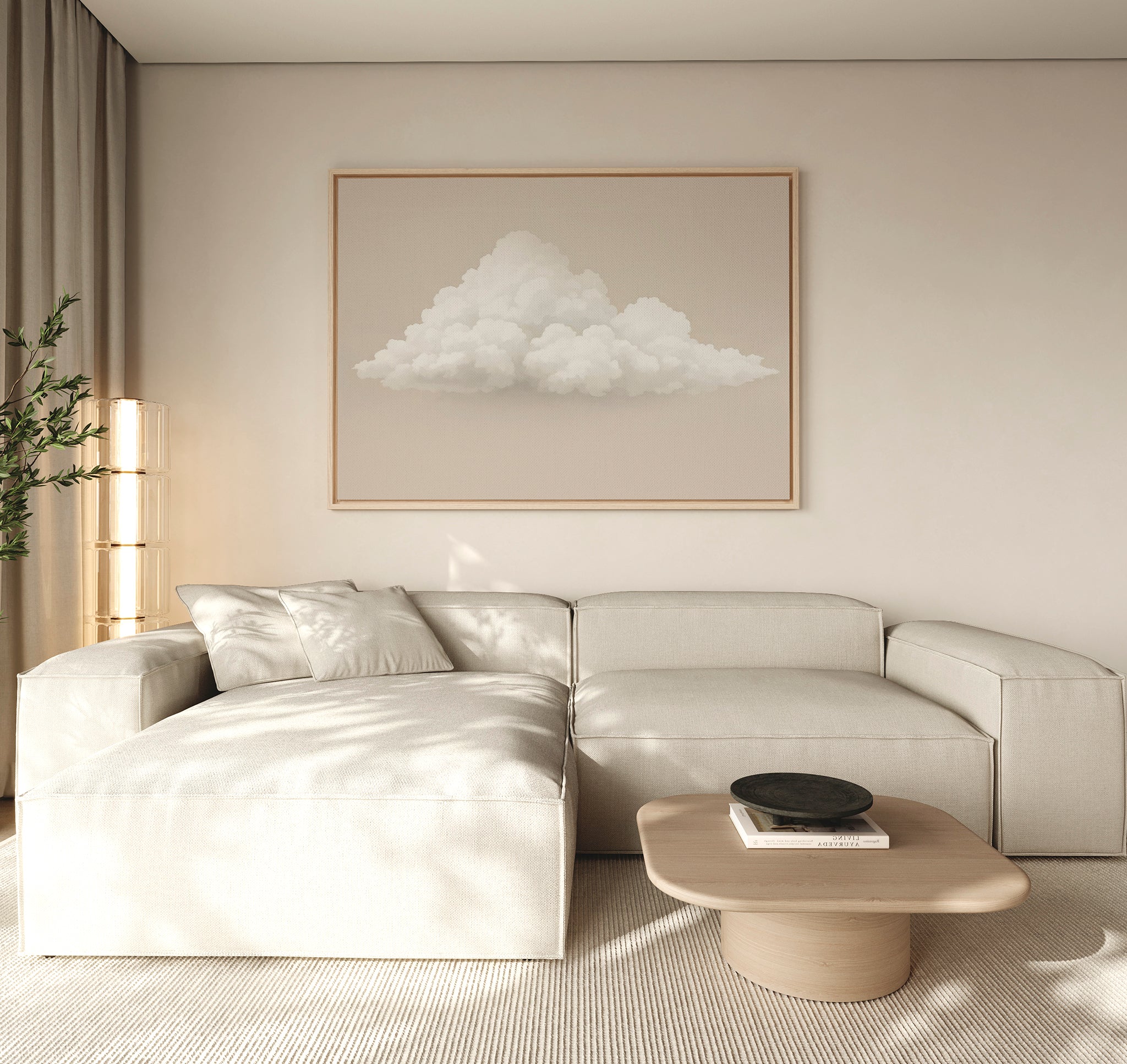 A minimalist living room with a light beige sectional, wooden coffee table, Soft Drift Canvas Art on the wall, and neutral decor bathed in soft natural light from the left, creating a serene space with subtle neutral tones throughout.