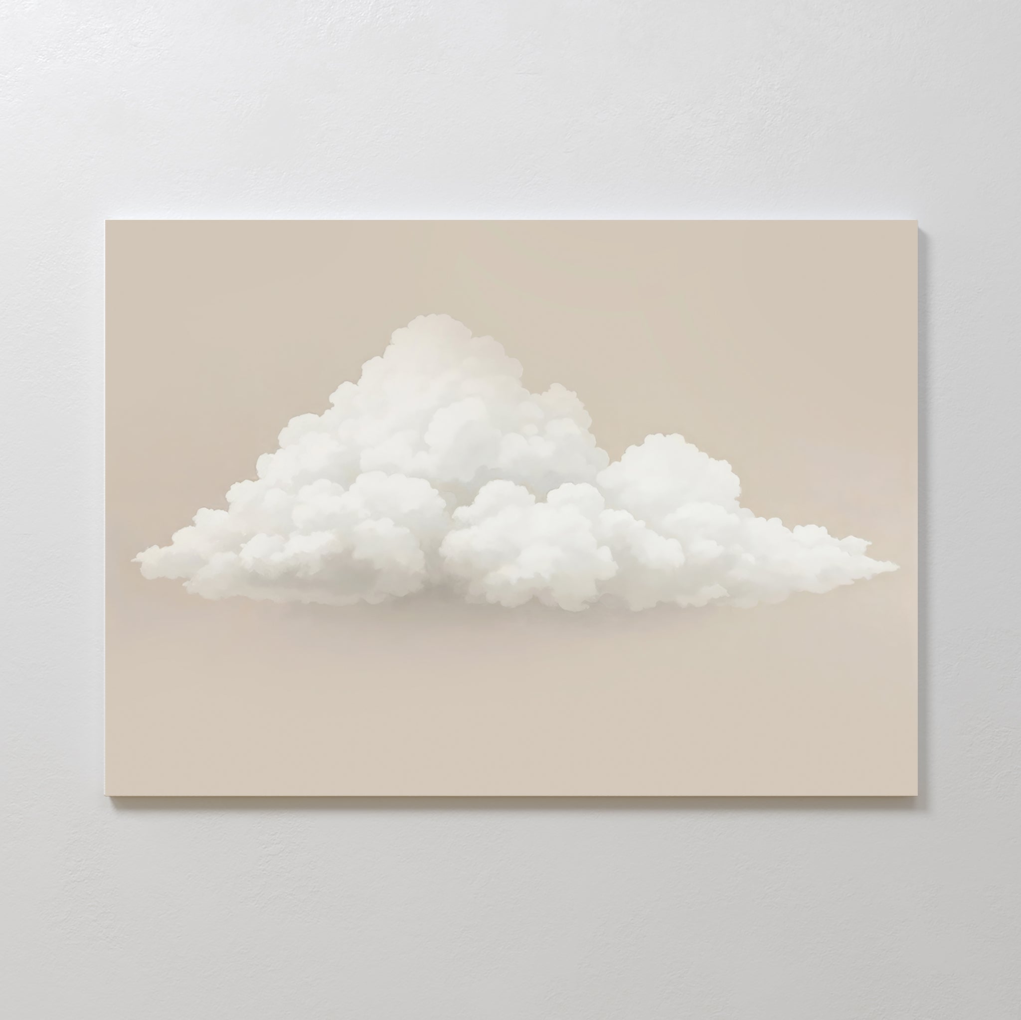The Soft Drift Canvas Art showcases a fluffy white cloud on neutral beige tones, creating a minimalist accent when displayed on any plain white wall.