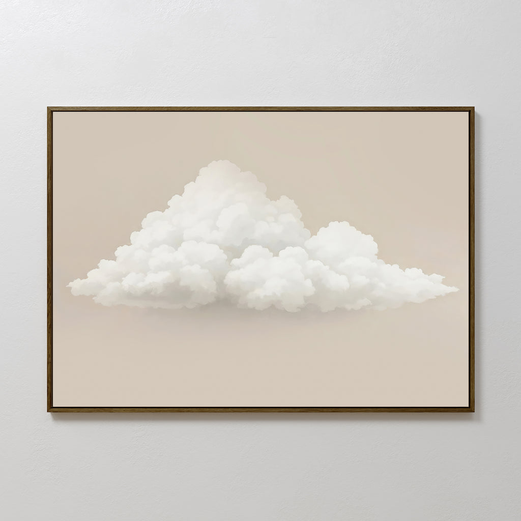 The Soft Drift Canvas Art showcases a fluffy white cloud on a soft beige background, adding soothing neutral tones and minimalist style to any plain white wall.