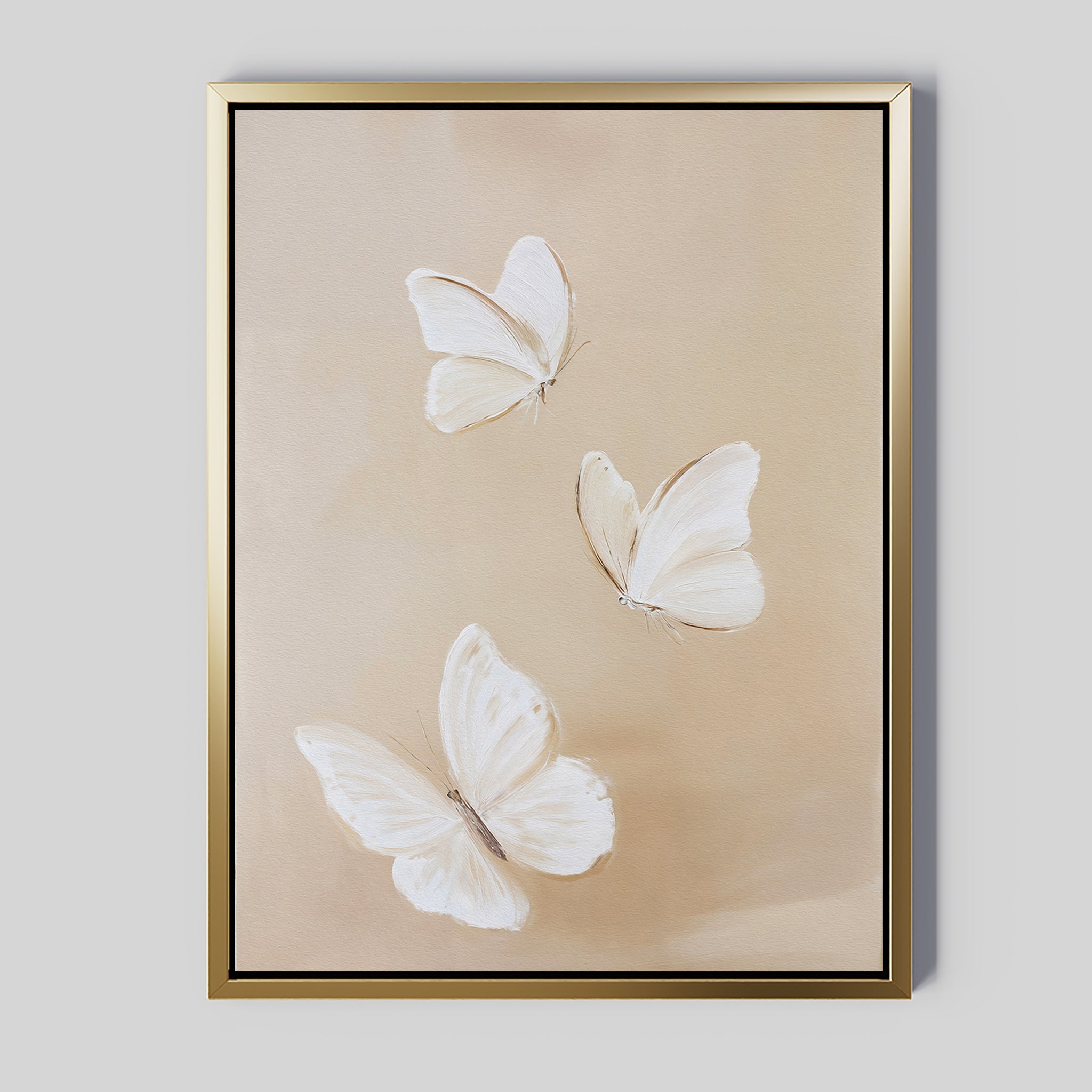 Linen Wings Canvas Art features three delicate white butterflies with light brown accents on a soft beige background, offering minimalistic elegance—perfect refined decor for any wall.