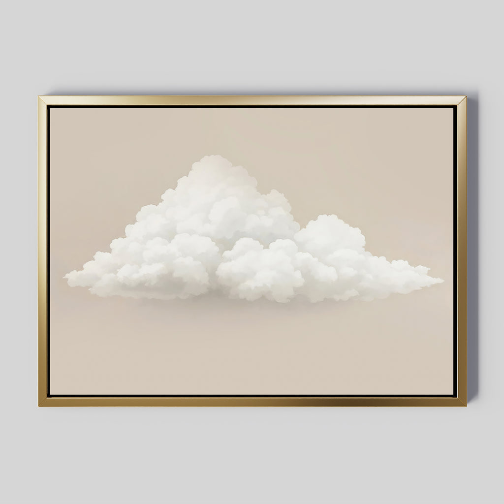 Soft Drift Canvas Art is a framed canvas featuring a realistic white cloud on a beige background with a gold-colored frame—ideal minimalist wall decor for neutral-toned spaces.