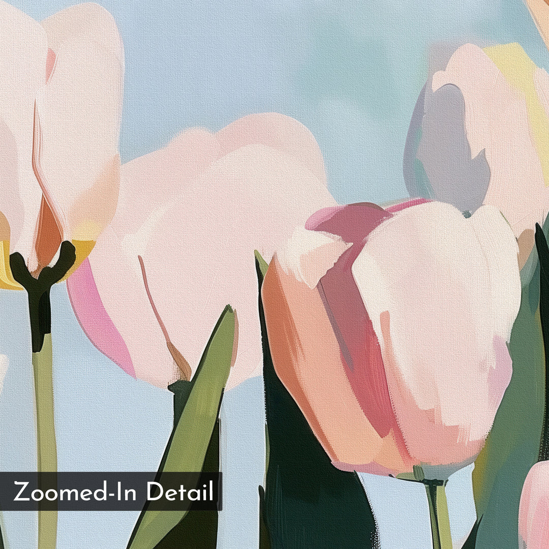 The Soft Field Canvas Art features a close-up digital painting of light pink tulips with soft green stems against a pastel blue sky, and the label "Zoomed-In Detail" in the bottom left corner.