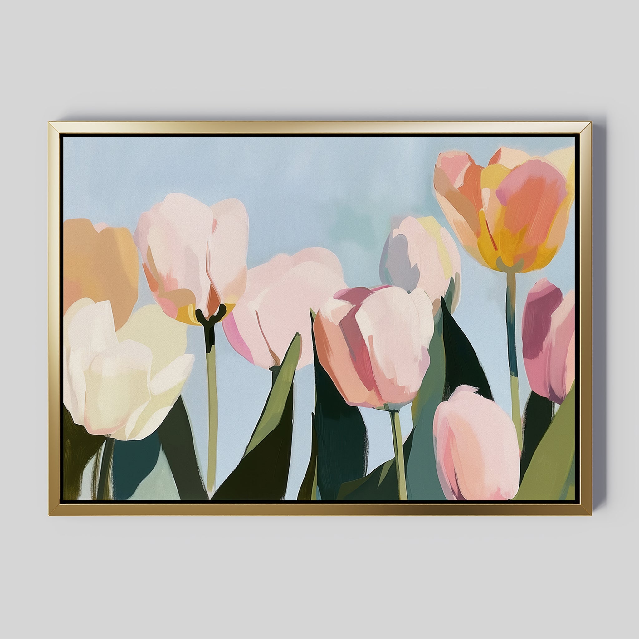 Soft Field Canvas Art is a minimalist wall decor piece featuring pastel tulips with green leaves on a light blue background, highlighted by soft pink, white, and yellow tones in an abstract style.
